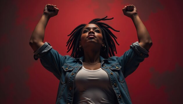 Woman with dreadlocks in denim jacket raising fists on a red background for Black History Month - Powered by Adobe