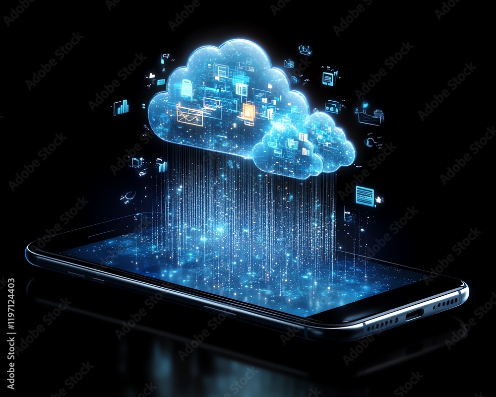 Poster A smartphone with cloud storage holograms, displaying files, apps, and data flow in a seamless digital storage experience
