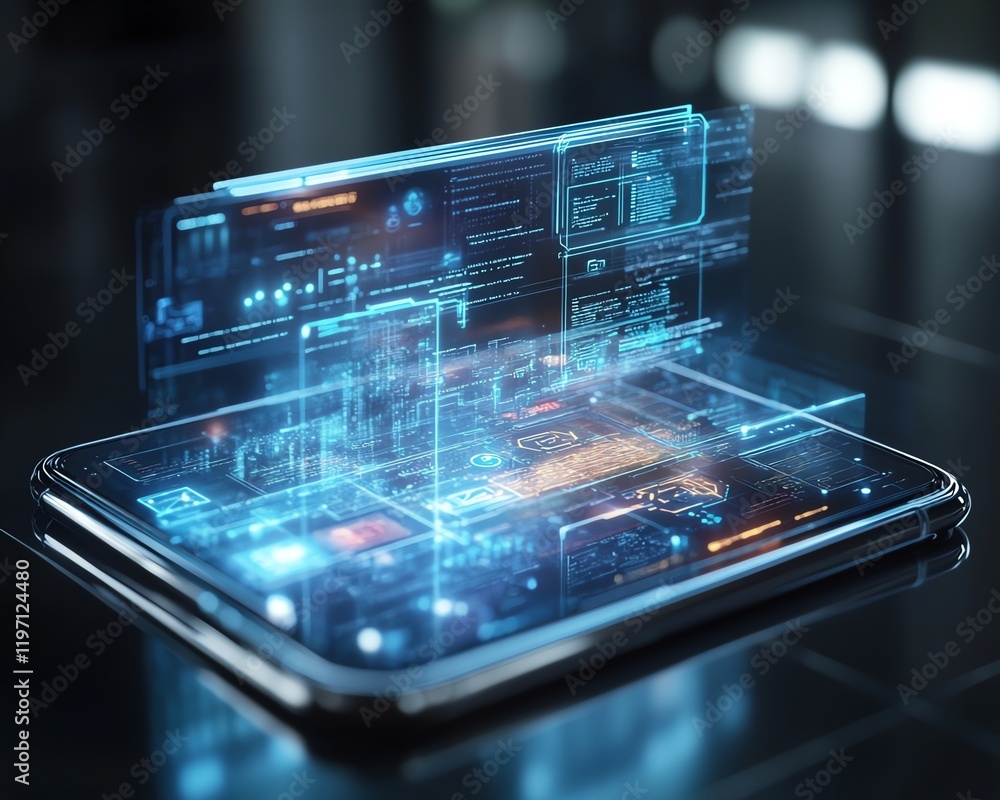Aufkleber a smartphone with cloud storage holograms, displaying files, apps, and data flow in a seamless digit