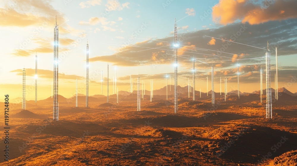 Poster a network of cell towers scattered across a vast, open terrain, with signals emanating, representing