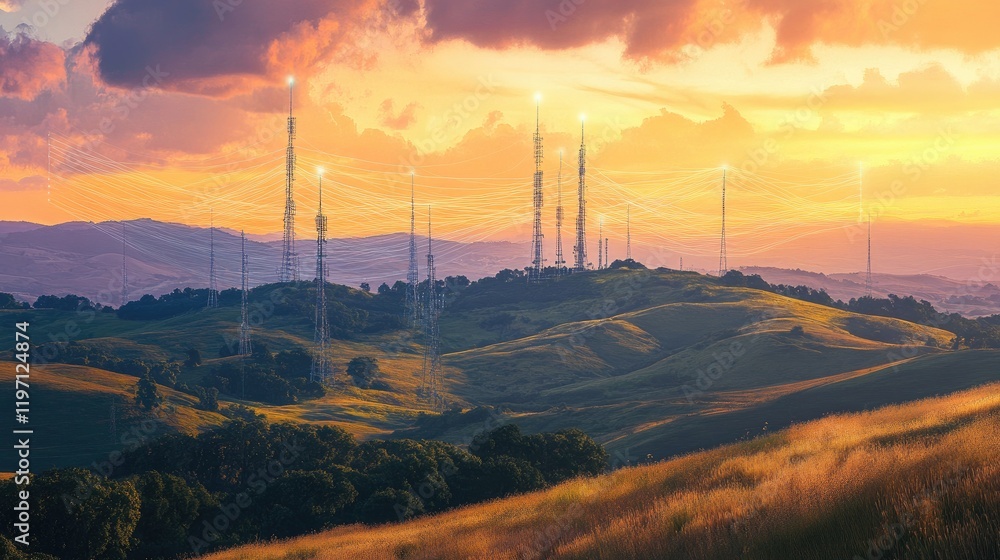 Poster A network of cell towers spanning vast landscapes, with signals radiating across rolling hills, symbolizing global connectivity and communication networks