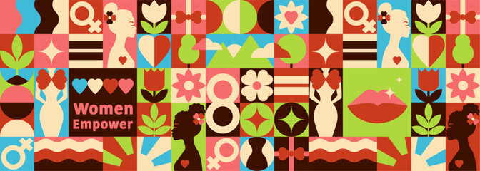 Happy Women Day Pattern in a Geometric style, with text, Nature Strength and Feminine Symbols