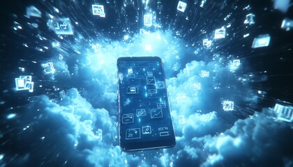 Naklejka premium Cloud storage concept with a digital smartphone, surrounded by dynamic holographic icons of files, folders, and encrypted data in a glowing atmosphere