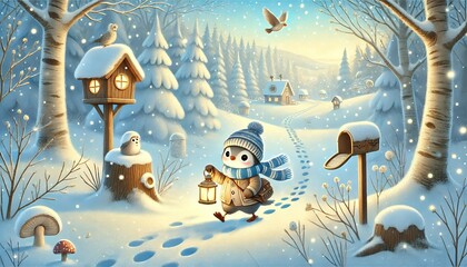 A whimsical winter scene of a bird postman on a sunny thawing day, delivering glowing magical letters through a snowy forest adorned with cozy animal homes.