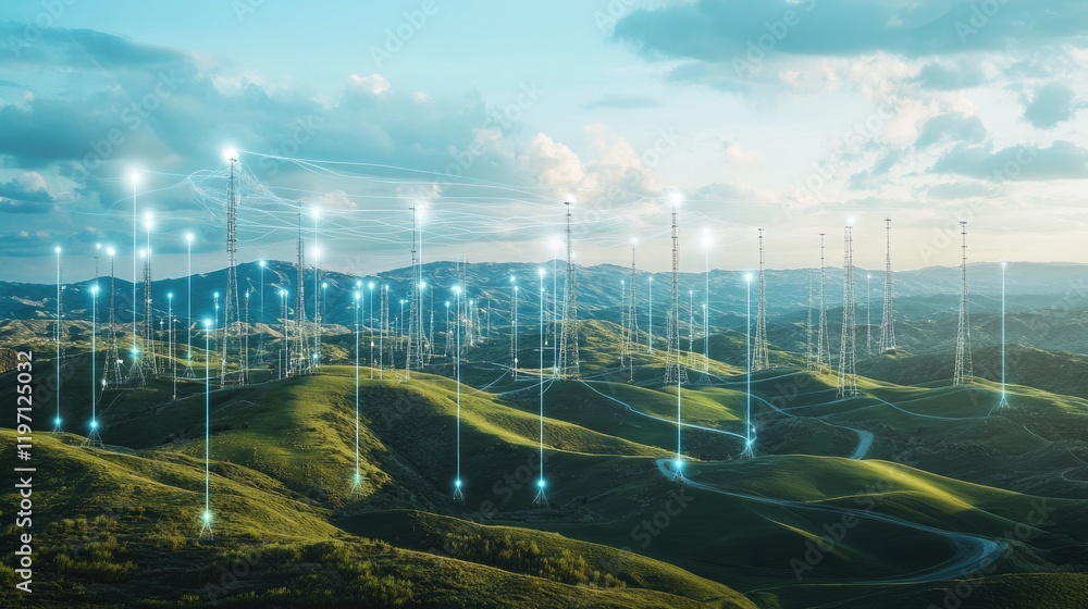 Poster a network of cell towers spanning vast landscapes, with signals radiating across rolling hills, symb