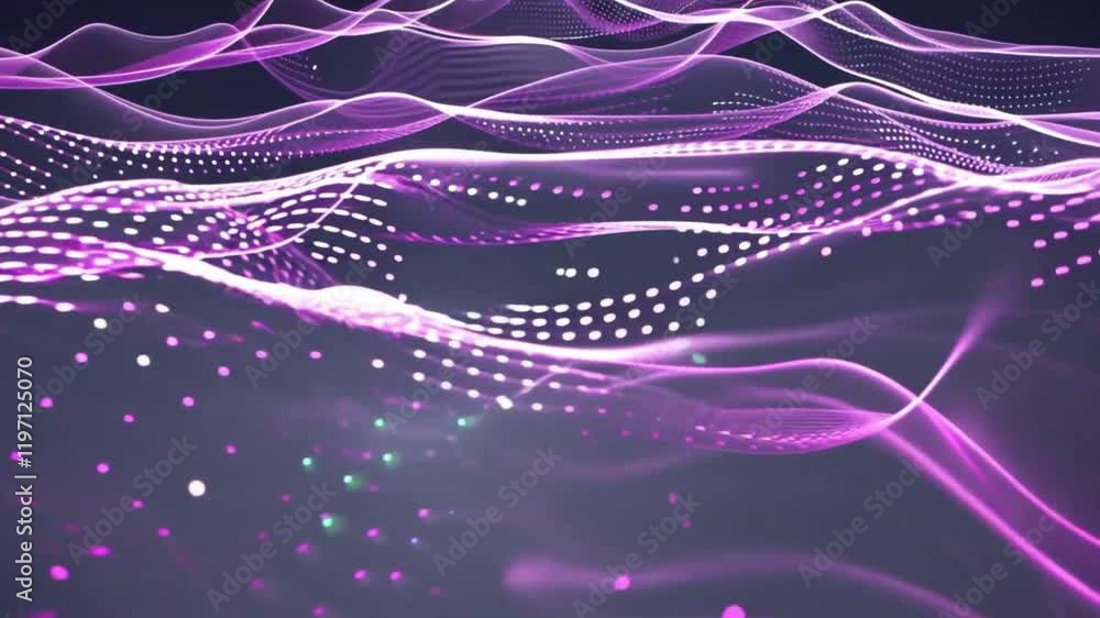 Poster abstract wave pattern and particle field – 3d mesh with purple and pink gradient, glowing dots, and 