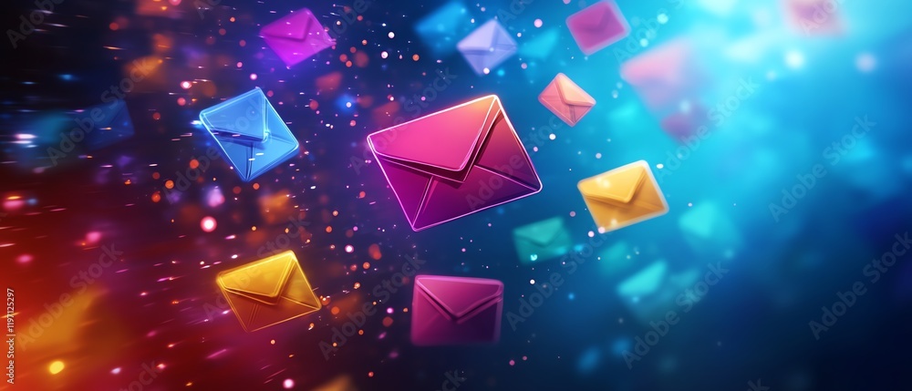 Poster floating digital envelopes in various bright colors against a fluid, dynamic background, representin