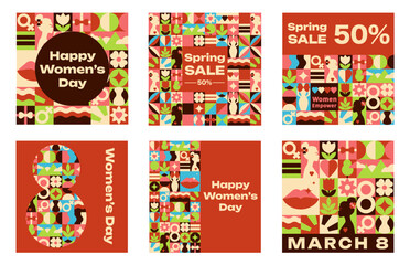 Set of Happy Women Day Square Banners with Geometric Pattern, Strength and Feminine Motifs