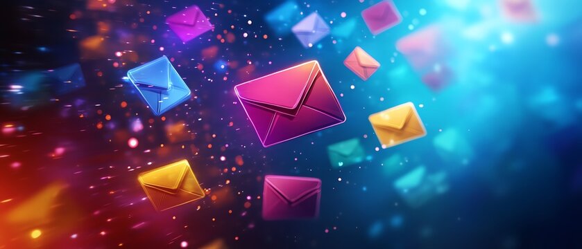 Floating digital envelopes in various bright colors against a fluid, dynamic background, representing fast communication and connectivity in a digital landscape