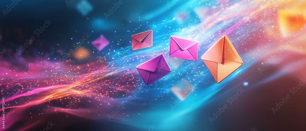 Aufkleber floating digital envelopes in various bright colors against a fluid, dynamic background, representin