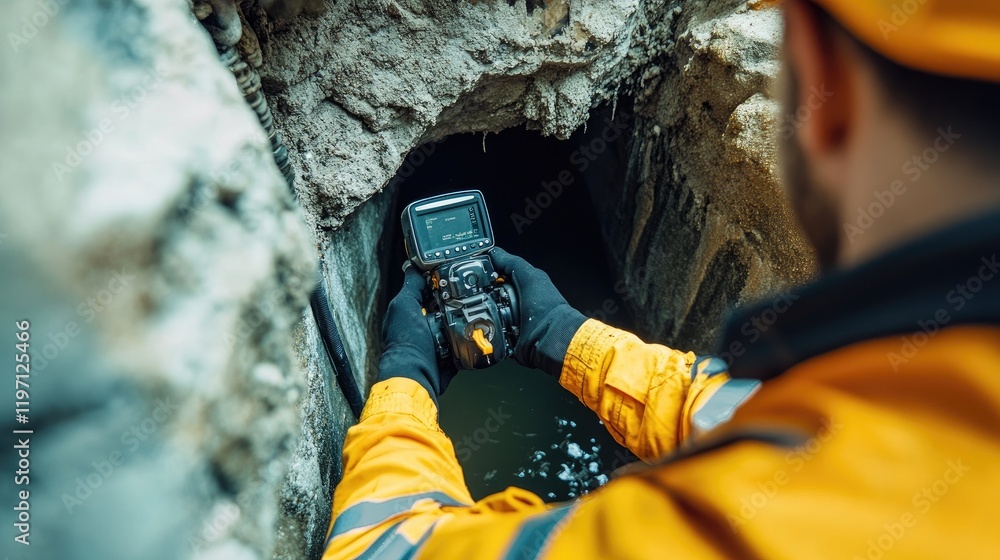 Aufkleber A plumber using a camera to inspect and clear a clogged drain, demonstrating the use of advanced tools for efficient drain cleaning in residential or commercial spaces