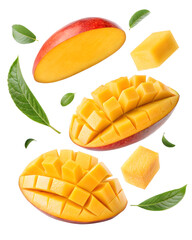slices mango with leaves isolated on transparent background