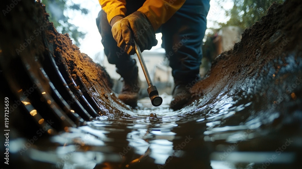 Poster a plumbing service technician inspects a clogged drain using a camera, clearing it with precision to