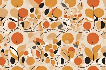 Mid century modern geometric circle leaves seamless pattern in yellow and orange. For textile, home...