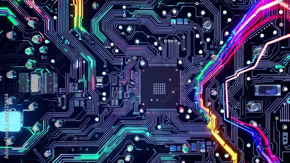 Poster exploring intricate patterns and colors on a computer circuit board in a high-tech setting