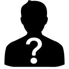 A man's head is shown with a question mark. The man is wearing a black shirt. The man's head is the only part of the man that is visible