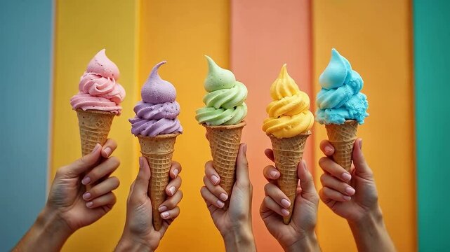 Helados de colores en conos sostenidos por manos sobre fondo vibrante