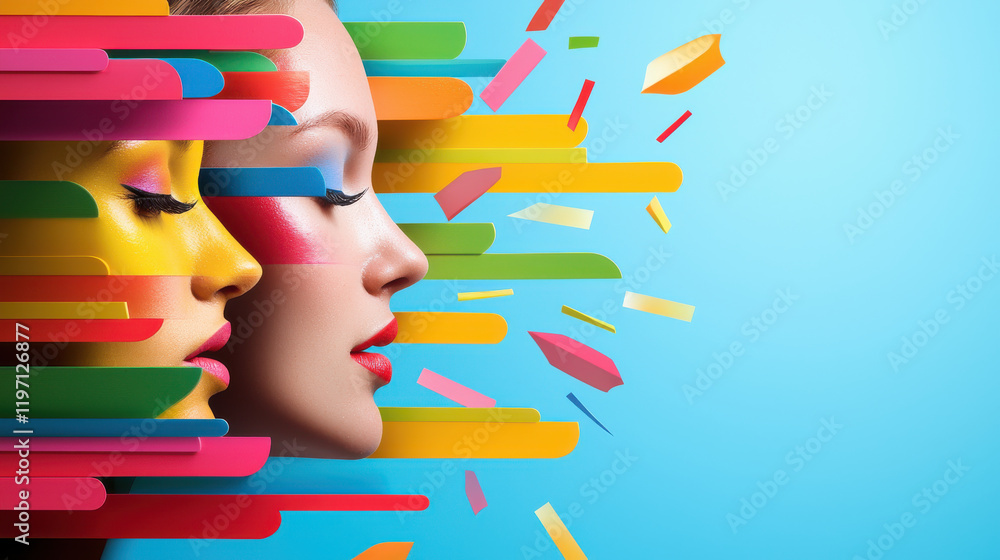 Poster vibrant pop art image featuring two stylized faces in profile, surrounded by colorful geometric shap