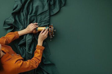 Tailor sewing vibrant green fabrics at seamstress workplace. Female hands holding linen in close up. Upcycling ideas, reusing old clothes. sustainable fashion concept.