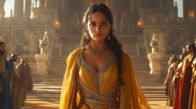 Queen Esther standing confidently in front of King Xerxes' throne, her elaborate gown with embroidered patterns and golden accents glowing under warm ambient palace lighting