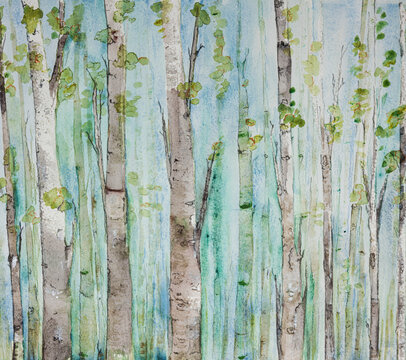 Viridian green birch forest with bright colors. The dabbing technique near the edges gives a soft focus effect due to the altered surface roughness of the paper.