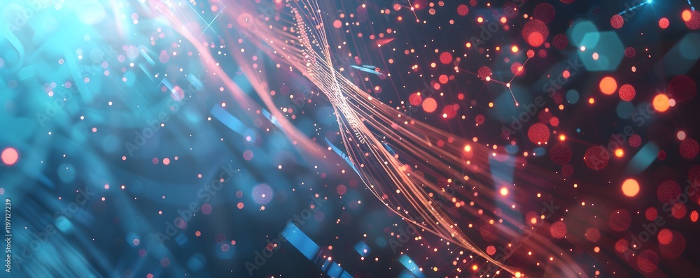 Poster a colorful background with a red line and blue and red dots