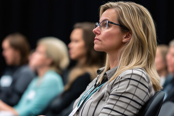 Fototapeta premium Professional woman with glasses attentively listening during a business seminar, surrounded by other blurred participants in the background.