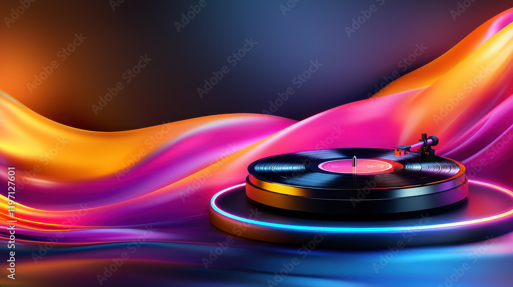 Poster vibrant pop art illustration of record player with colorful waves. design features sleek turntable a