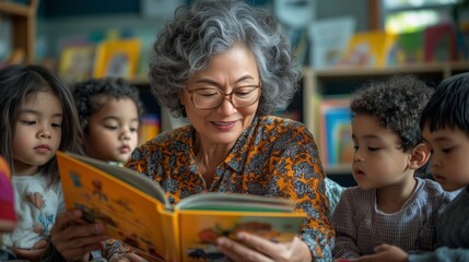 Elderly Asian teacher reads a book, group of attentive children, kindergarten