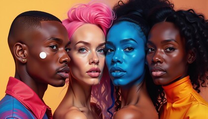 Fototapeta premium Four people with diverse skin tones and bright hair colors pose against an orange background, Black History Month concept