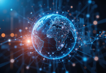 Obraz premium Digital world globe, concept of global network and connectivity on Earth, high speed data transfer and cyber technology, information exchange and international telecommunication, 4k