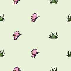 Bright spring seamless pattern with butterfly and grass. Endless vector background for wrapping paper, print, decoration, wall decoration. Repeating hand drawn icons and elements