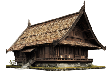 Discover Intricate Wooden House with Thatched Roof, Transparent Background Kaos Design