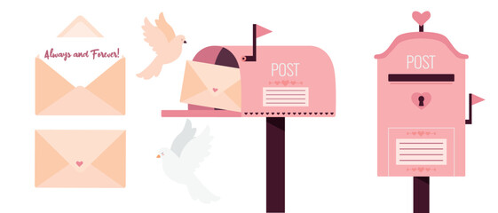 A cute big set for Valentine's Day with different mailbox, love envelopes and doves. Postbox for sending valentines. Lovely design for Valentine's day greeting and invitation card.