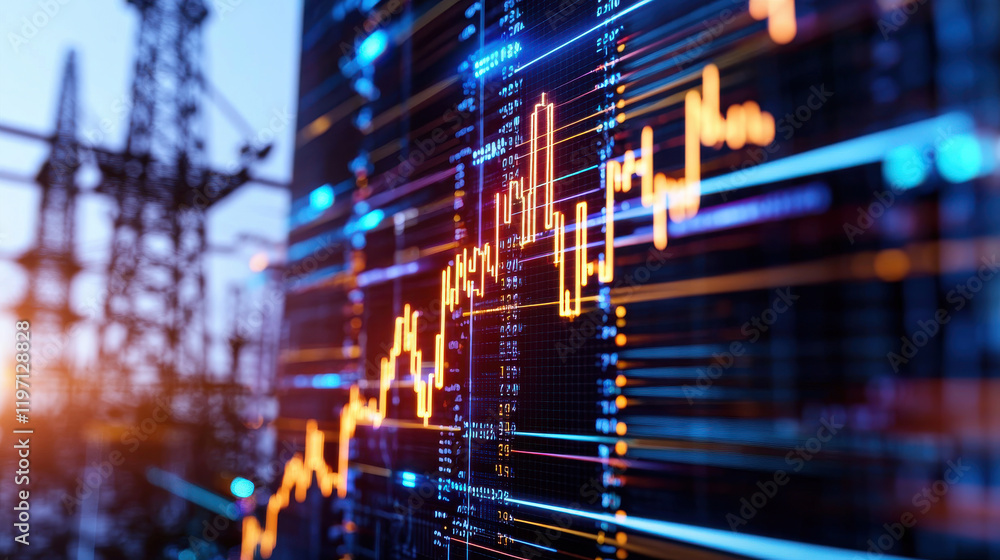 Poster close up view of digital screen displaying energy stock market trends, showcasing vibrant graphs and