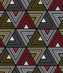 Abstract multicolored triangle composition on a black background in a contemporary ethnic style. Seamless repeating pattern. Geometric vector illustration. 