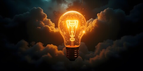 Illuminating Ideas: A bright incandescent bulb glows amidst a dark, cloudy night sky, symbolizing brilliance and inspiration.