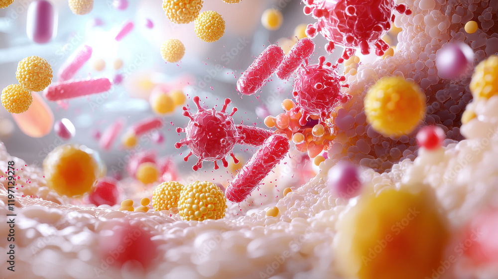 Poster vibrant 3d illustration of nanotechnology showcasing microscopic particles, viruses, and bacteria in