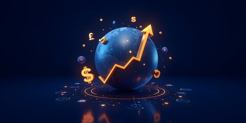 Global economic growth visualized: An upward trend, currency symbols, and a futuristic, interconnected world.