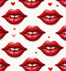 Obraz premium Seamless pattern of red lips and hearts on a white background for Valentine’s Day design.