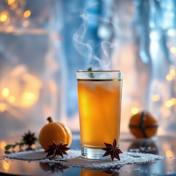 Harvest-inspired cocktail served in a glass with aromatic spices and seasonal garnishes in a cozy, festive setting