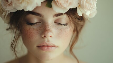 Naklejka premium Close-Up Portrait of a Young Woman with Vibrant Floral Crown