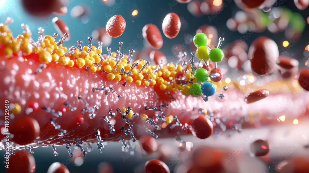 Poster vibrant 3d illustration of nanotechnology manipulating particles within blood vessel, showcasing col