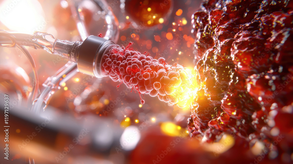 Poster detailed illustration of nanotechnology in medicine, showcasing futuristic device injecting nanobots