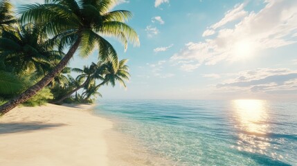 Fototapeta premium A stunning tropical beach scene with crystal-clear waters, palm trees swaying in the breeze, and a warm, sunny sky, perfect for vacation and leisure themes