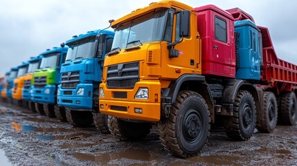 Row of colorful heavy-duty dump trucks parked on muddy ground.