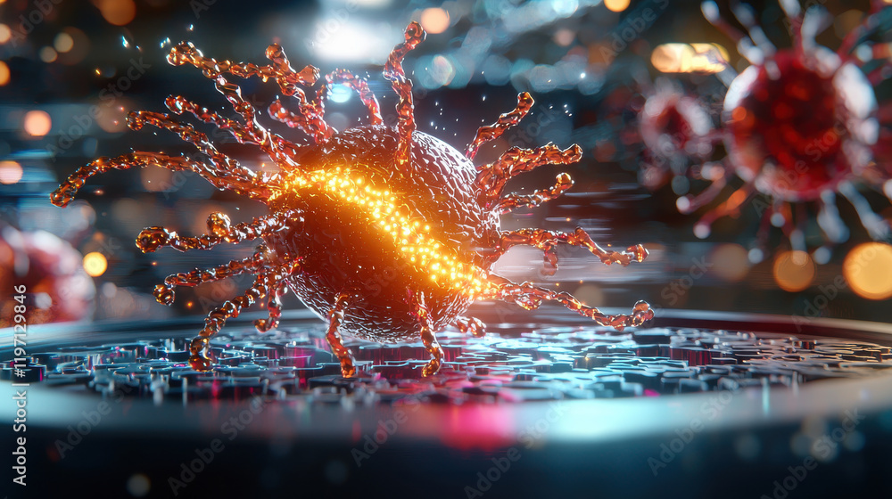 Poster conceptual 3d scene depicting nanotechnology manipulating virus, showcasing vibrant colors and intri