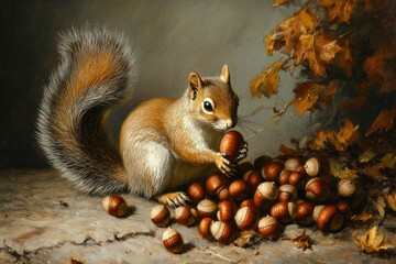 Squirrel gathers nuts amidst autumn leaves.