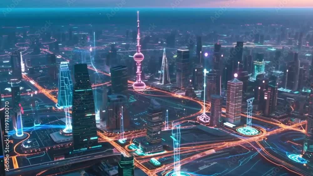 Poster futuristic cityscape with digital network overlay – aerial view of glowing data points and smart cit