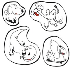 A set of stickers in the form of several cartoon animals or pets. Among them is a dog, a running camel, a lizard and a bird. All characters have one similar feature - a protruding tongue.